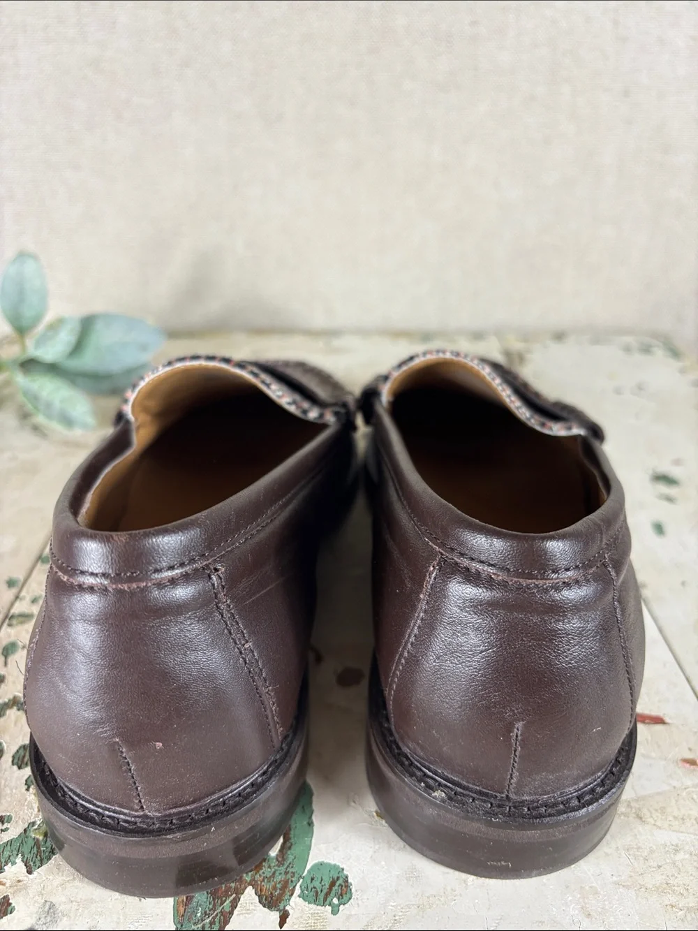 Steve Madden > Brown Leather Penny Loafers with Houndstooth Panel 7.5